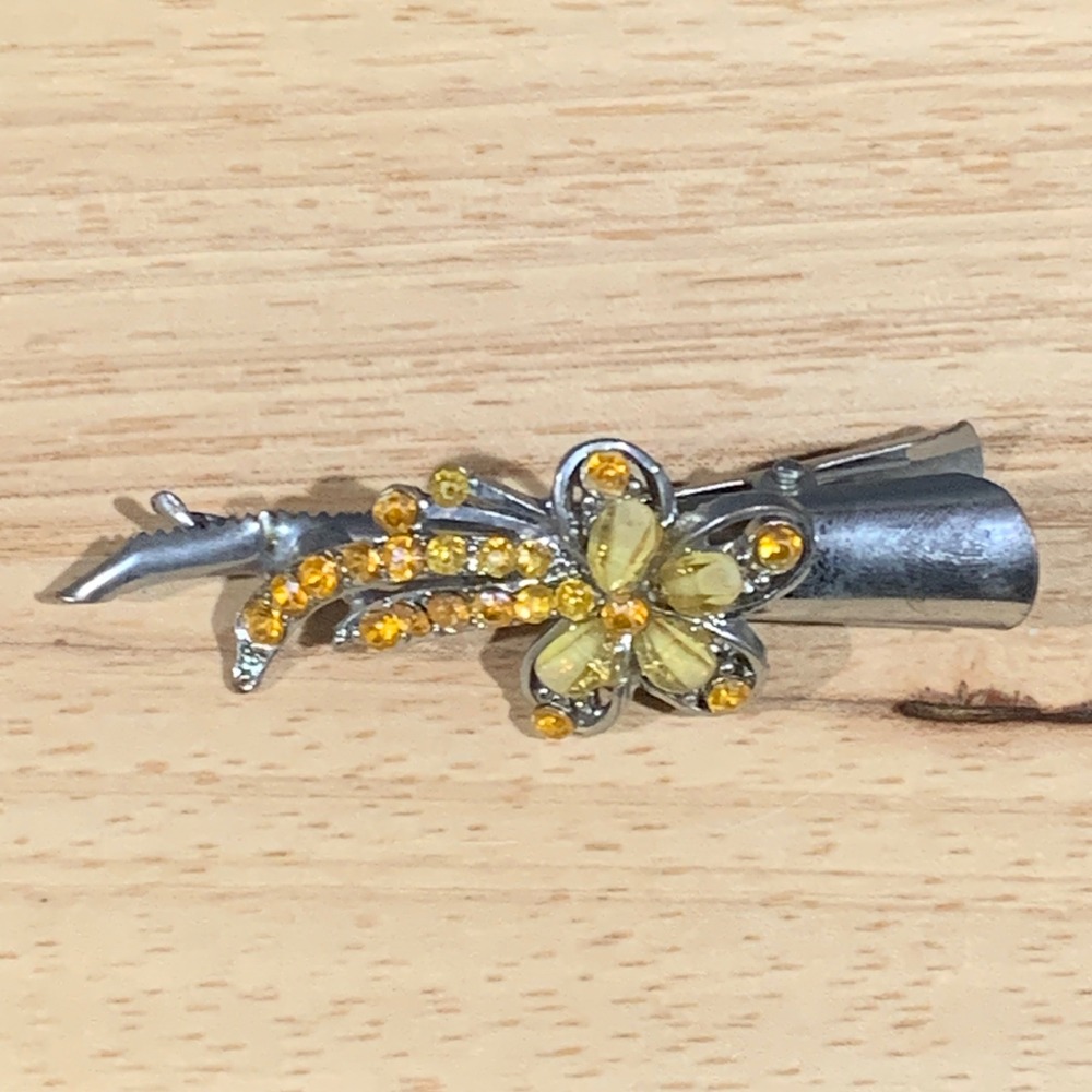 Unbranded Flower Hair Clip Women OS Yellow Rhinestone Silver Tone Alligator Clip